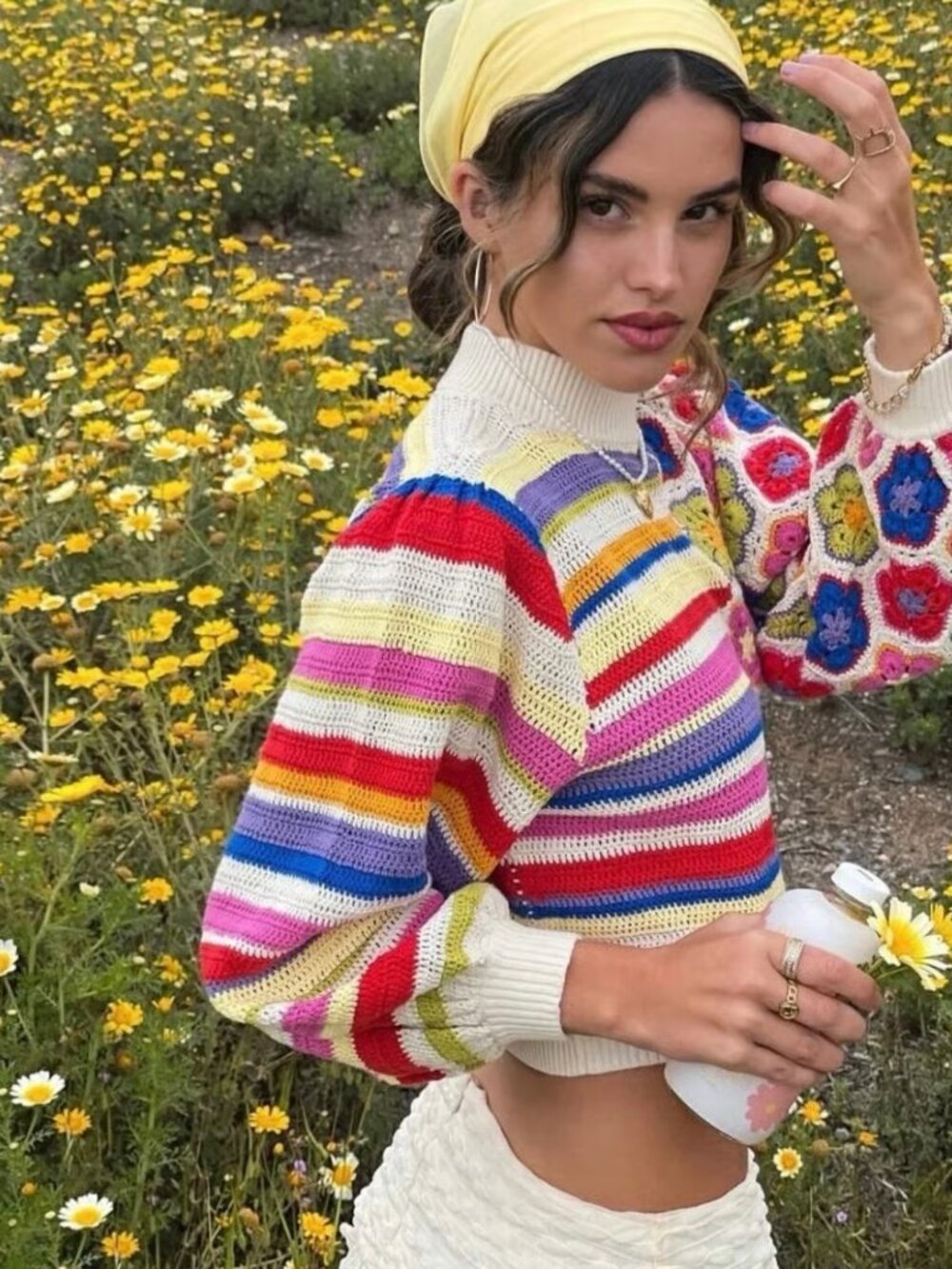 FARM Rio Multicolor Striped & Floral Crochet Turtleneck Sweater - Picture 4 of 7